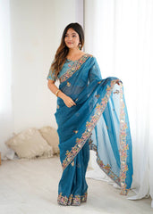 Ravishing Blue Silk Embroidery Work Saree