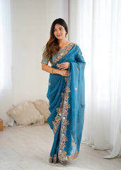 Ravishing Blue Silk Embroidery Work Saree