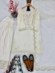 Bollywood Style White Silk Embroidery Work Sharara Suit