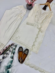 Bollywood Style White Silk Embroidery Work Sharara Suit