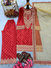 Ravishing Red Chinon Silk Work Palazzo Suit