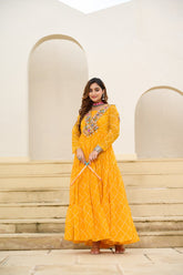 Gorgeous Yellow Georgette Bandhani Work Navratri Gown