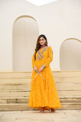 Gorgeous Yellow Georgette Bandhani Work Navratri Gown