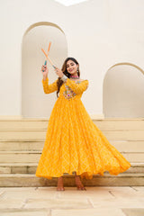 Gorgeous Yellow Georgette Bandhani Work Navratri Gown