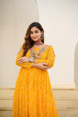 Gorgeous Yellow Georgette Bandhani Work Navratri Gown