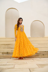 Gorgeous Yellow Georgette Bandhani Work Navratri Gown