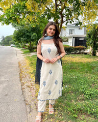 Stylish White Khadi Cotton Embroidery Salwar Suit