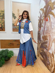 Blue Cotton With Embroidery Work Koti With Palazzo For Navratri