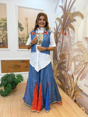 Blue Cotton With Embroidery Work Koti With Palazzo For Navratri