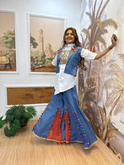 Blue Cotton With Embroidery Work Koti With Palazzo For Navratri