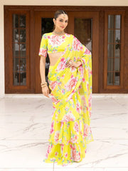 Pretty Yellow Georgette Ready To Wear Lehenga Saree