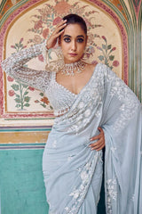 Alluring Sky Blue Georgette Thread Work Designer Saree