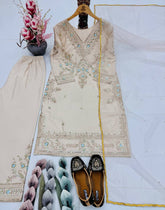 Pretty Beige Silk Embroidery Work Palazzo Suit