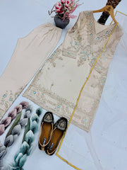 Pretty Beige Silk Embroidery Work Palazzo Suit