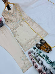 Pretty Beige Silk Embroidery Work Palazzo Suit