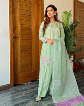 Lovely Green Crepe Sequence Work Punjabi Style Palazzo Suit