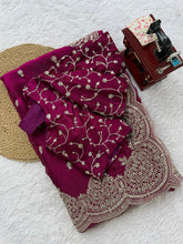 Exclusive Wine Chiffon Thread Work Saree