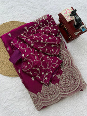 Exclusive Wine Chiffon Thread Work Saree