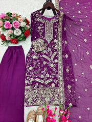Glorious Purple Fox Georgette Sequence Work Palazzo Suit