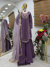 Stylish Lavender Roman Simar Silk Sequence Embroidery Sharara Suit