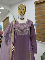 Stylish Lavender Roman Simar Silk Sequence Embroidery Sharara Suit