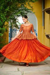 Trendy Orange Fendy Embroidered Top With Lehenga