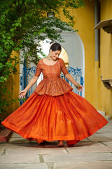 Trendy Orange Fendy Embroidered Top With Lehenga