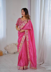 Exclusive Gold Pink Color Crush Embroidery Work Saree
