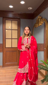 Lovely Red Georgette Embroidery Work Sharara Suit