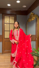 Lovely Red Georgette Embroidery Work Sharara Suit