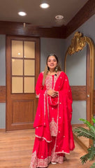 Lovely Red Georgette Embroidery Work Sharara Suit