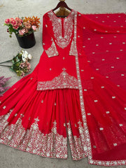 Lovely Red Georgette Embroidery Work Sharara Suit