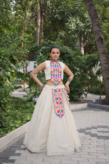 Navratri Special White Cotton With Kutchi Gamthi Work Top With Lehenga