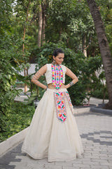 Navratri Special White Cotton With Kutchi Gamthi Work Top With Lehenga