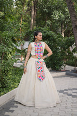 Navratri Special White Cotton With Kutchi Gamthi Work Top With Lehenga