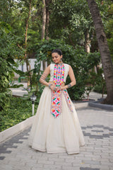 Navratri Special White Cotton With Kutchi Gamthi Work Top With Lehenga