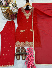 Beautiful Red Georgette Sequence Work Palazzo Suit