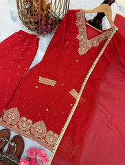 Beautiful Red Georgette Sequence Work Palazzo Suit