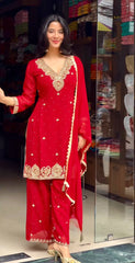 Beautiful Red Georgette Sequence Work Palazzo Suit