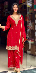 Beautiful Red Georgette Sequence Work Palazzo Suit