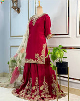 Ravishing Red Cinon Silk Sequence Work Sharara Suit