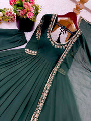 Stylish Green Georgette Embroidery Work Gown