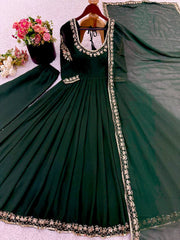 Stylish Green Georgette Embroidery Work Gown