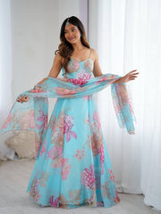 Ravishing Sky Blue Organza Digital Printed Lehenga