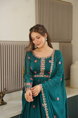 Pretty Green Silk Embroidery Work Top With Palazzo