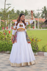 Alluring White Cotton Gamthi Work Lehenga Choli