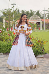 Alluring White Cotton Gamthi Work Lehenga Choli