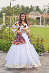 Alluring White Cotton Gamthi Work Lehenga Choli