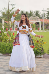 Alluring White Cotton Gamthi Work Lehenga Choli