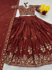 Fancy Brown Chinon Embroidery Work Lehenga Choli